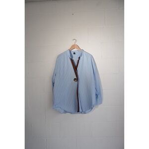 SHEIN Button Up Shirt Women Large Blue White Striped Contrast Trim Stand Collar